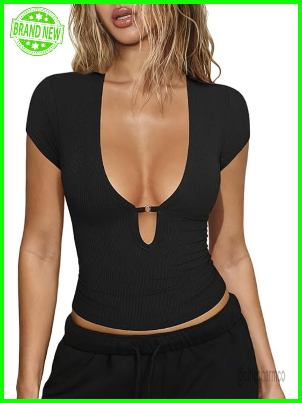 Slim Fit Ribbed Knit Deep V Neck Crop T-Shirt